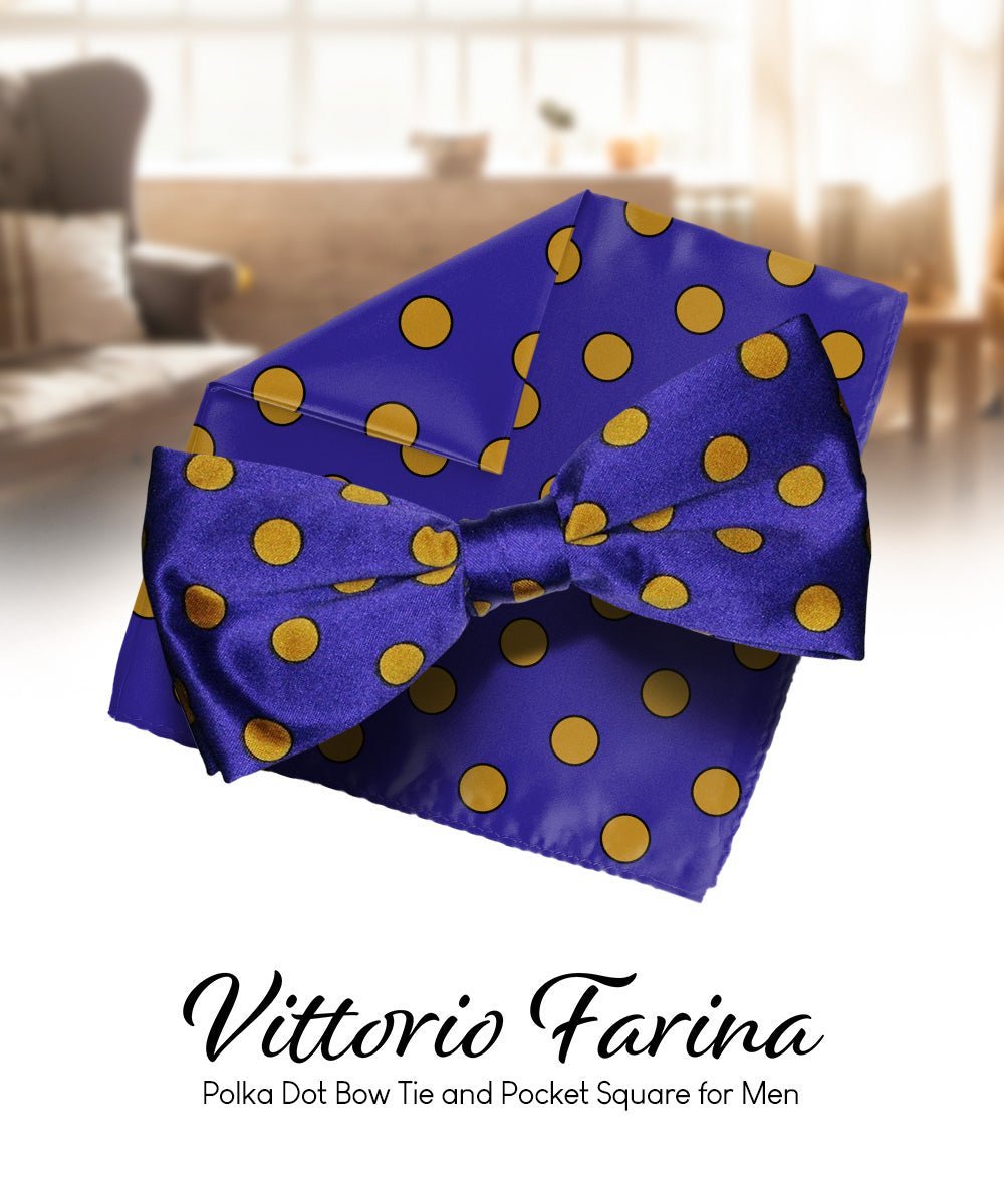 Vittorio Farina Men's Polka Dot Satin Bow Tie & Pocket Square in Gift Box - Suits You Sir - Purple and Gold - 
