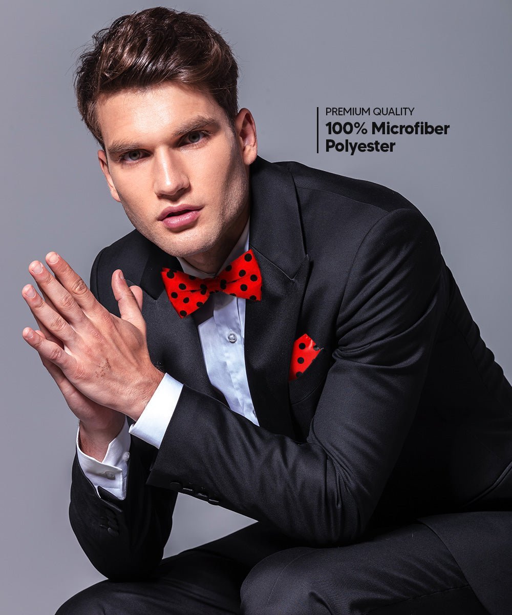 Vittorio Farina Men's Polka Dot Satin Bow Tie & Pocket Square in Gift Box - Suits You Sir - Red and Black - 