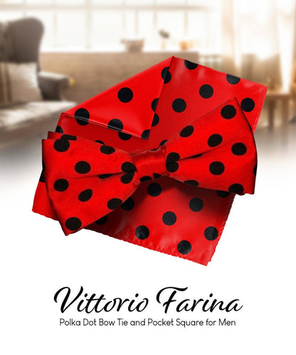 Vittorio Farina Men's Polka Dot Satin Bow Tie & Pocket Square in Gift Box - Suits You Sir - Red and Black - 