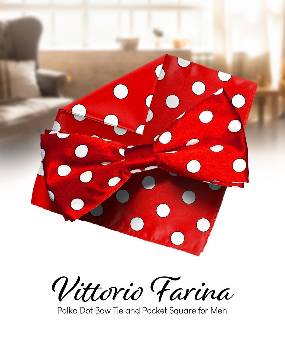 Vittorio Farina Men's Polka Dot Satin Bow Tie & Pocket Square in Gift Box - Suits You Sir - Red and White - 