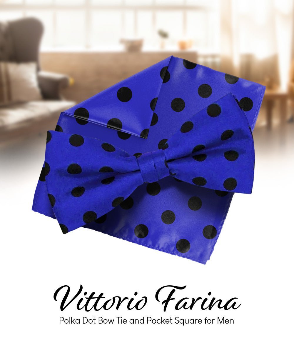 Vittorio Farina Men's Polka Dot Satin Bow Tie & Pocket Square in Gift Box - Suits You Sir - Royal Blue and Black - 
