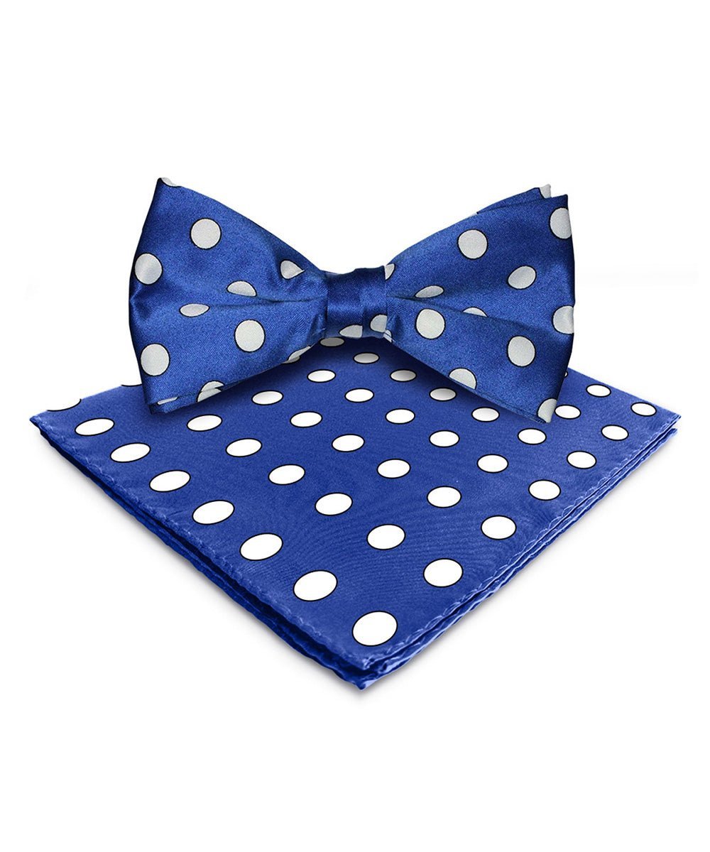 Vittorio Farina Men's Polka Dot Satin Bow Tie & Pocket Square in Gift Box - Suits You Sir - Royal Blue and White - 