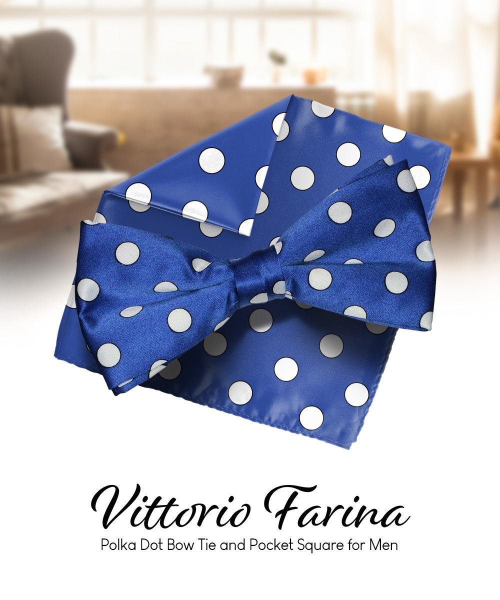 Vittorio Farina Men's Polka Dot Satin Bow Tie & Pocket Square in Gift Box - Suits You Sir - Royal Blue and White - 