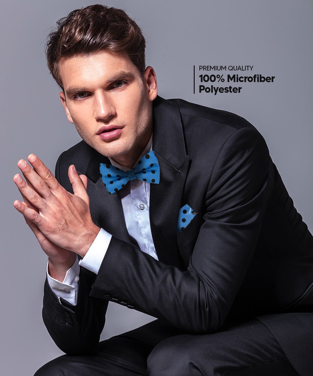 Vittorio Farina Men's Polka Dot Satin Bow Tie & Pocket Square in Gift Box - Suits You Sir - Turquoise and Black - 
