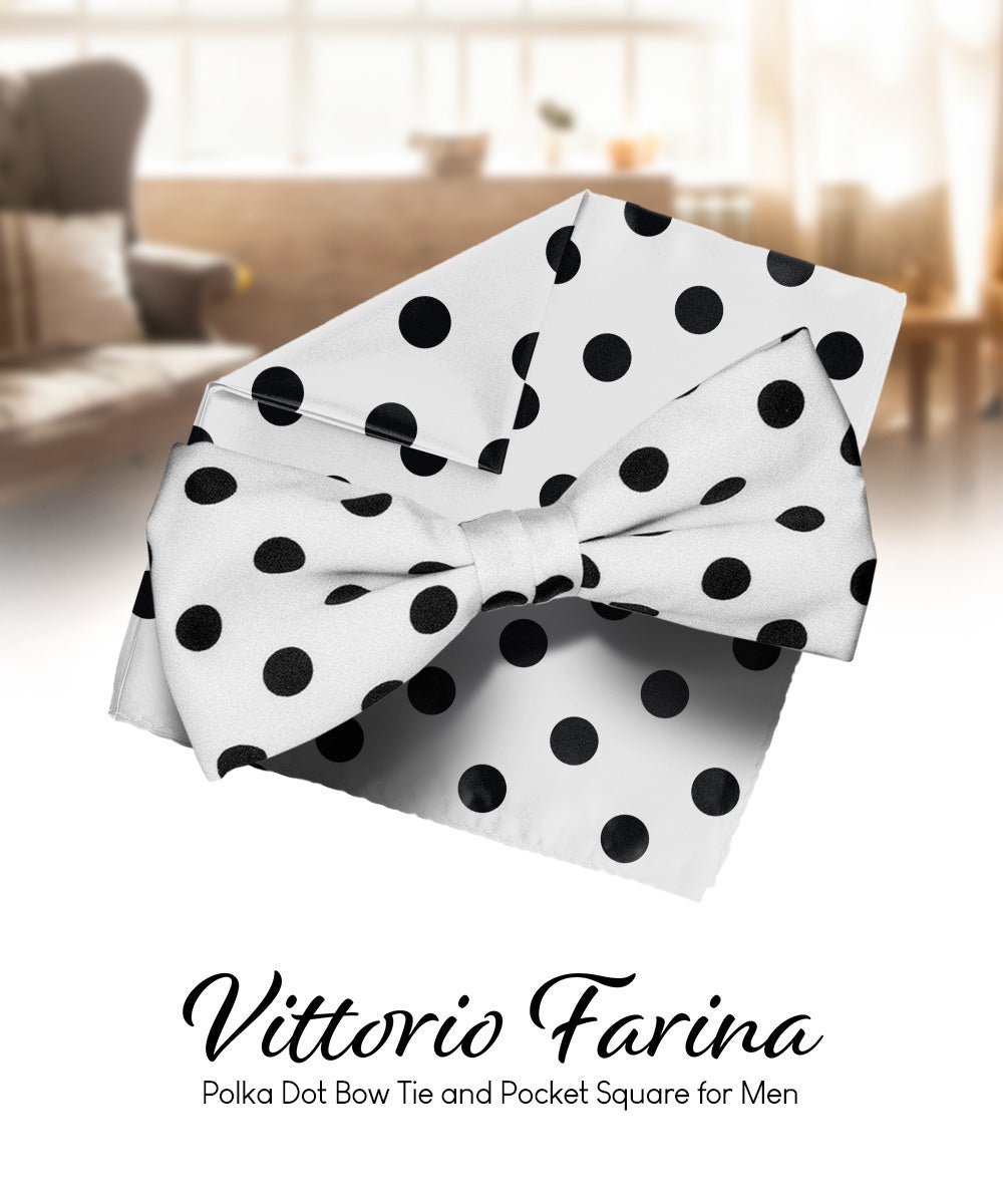 Vittorio Farina Men's Polka Dot Satin Bow Tie & Pocket Square in Gift Box - Suits You Sir - White and Black - 