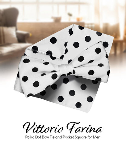 Vittorio Farina Men's Polka Dot Satin Bow Tie & Pocket Square in Gift Box - Suits You Sir - White and Black - 