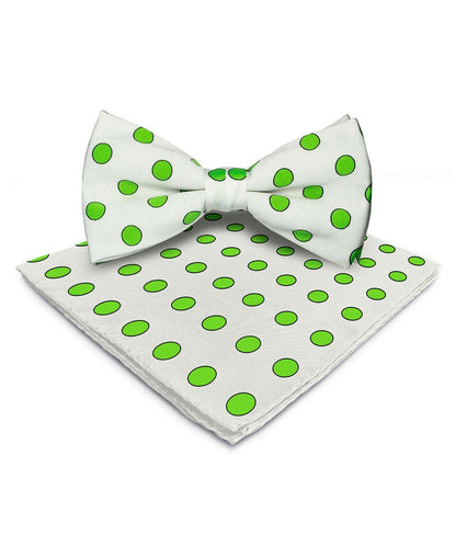 Vittorio Farina Men's Polka Dot Satin Bow Tie & Pocket Square in Gift Box - Suits You Sir - White and Green - 