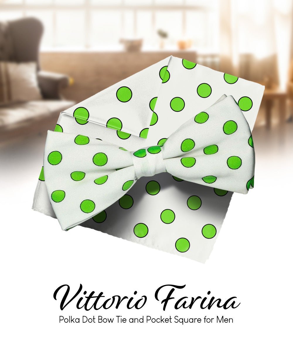 Vittorio Farina Men's Polka Dot Satin Bow Tie & Pocket Square in Gift Box - Suits You Sir - White and Green - 