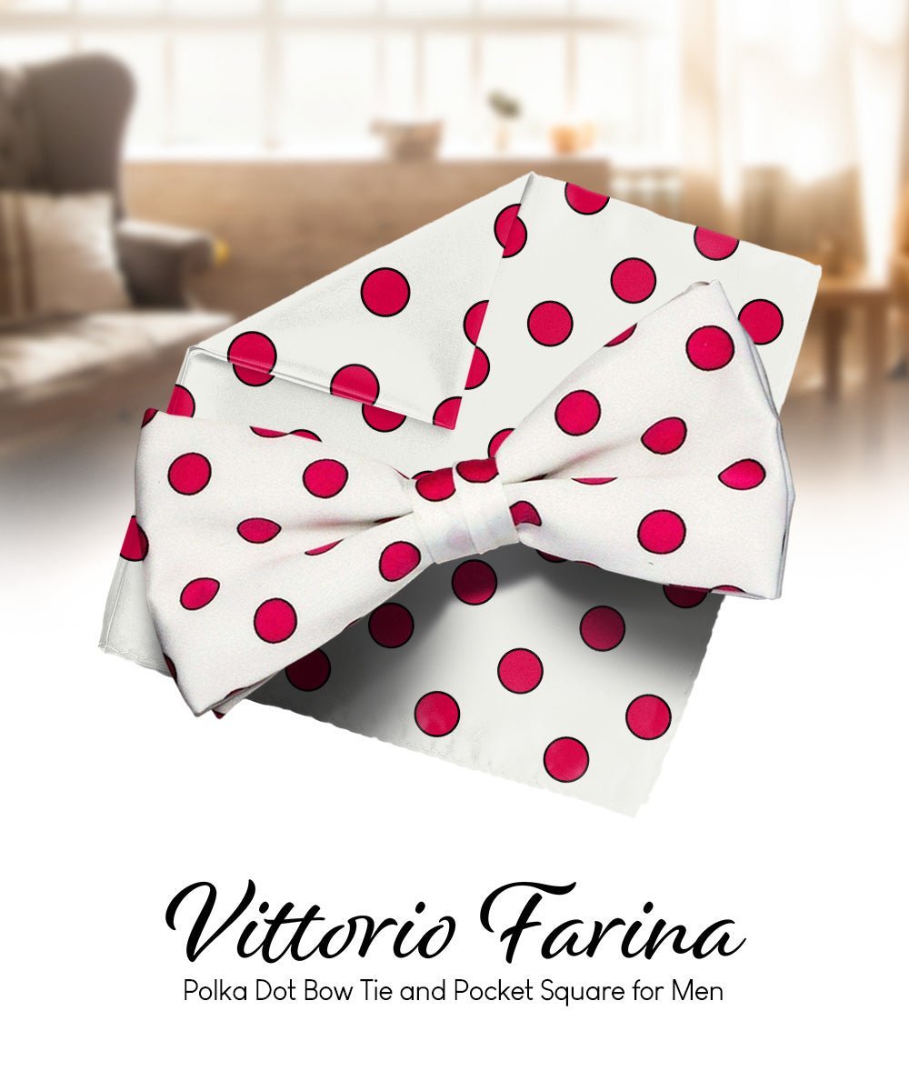 Vittorio Farina Men's Polka Dot Satin Bow Tie & Pocket Square in Gift Box - Suits You Sir - White and Hot Pink - 
