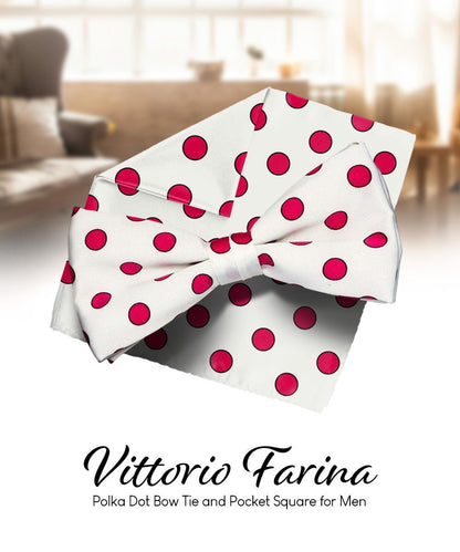 Vittorio Farina Men's Polka Dot Satin Bow Tie & Pocket Square in Gift Box - Suits You Sir - White and Hot Pink - 