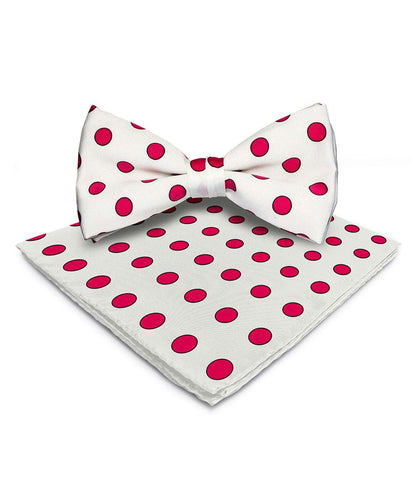 Vittorio Farina Men's Polka Dot Satin Bow Tie & Pocket Square in Gift Box - Suits You Sir - White and Hot Pink - 