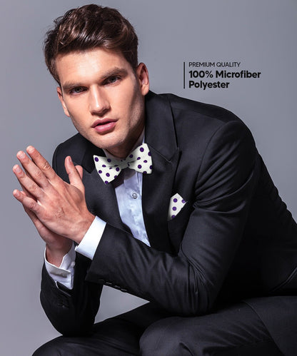 Vittorio Farina Men's Polka Dot Satin Bow Tie & Pocket Square in Gift Box - Suits You Sir - White and Purple - 
