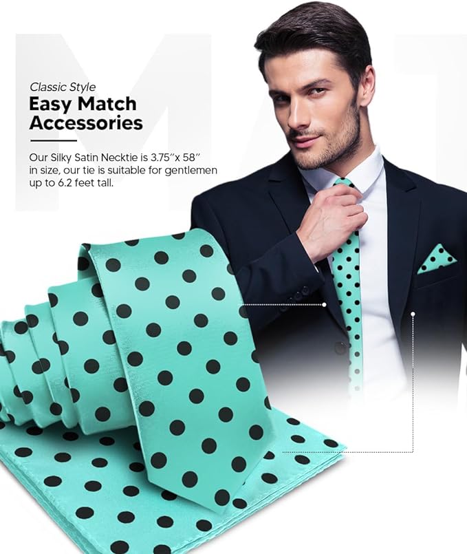 Vittorio Farina Men's Polka Dot Satin Necktie & Pocket Square - Suits You Sir - Aqua and Black - 