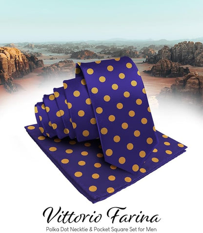 Vittorio Farina Men's Polka Dot Satin Necktie & Pocket Square - Suits You Sir - Purple and Gold - 