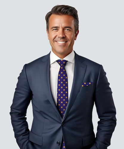 Vittorio Farina Men's Polka Dot Satin Necktie & Pocket Square - Suits You Sir - Purple and Gold - 