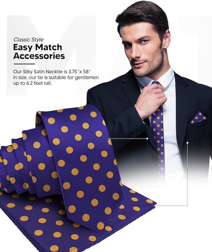 Vittorio Farina Men's Polka Dot Satin Necktie & Pocket Square - Suits You Sir - Purple and Gold - 