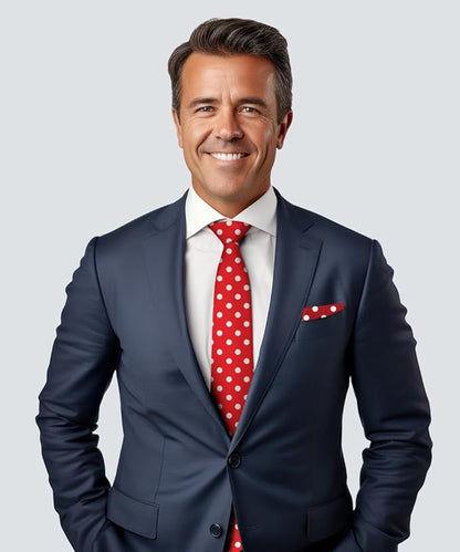 Vittorio Farina Men's Polka Dot Satin Necktie & Pocket Square - Suits You Sir - Red and White - 