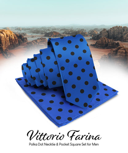 Vittorio Farina Men's Polka Dot Satin Necktie & Pocket Square - Suits You Sir - Royal Blue and Black - 
