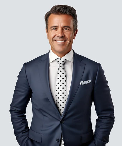 Vittorio Farina Men's Polka Dot Satin Necktie & Pocket Square - Suits You Sir - White and Black - 