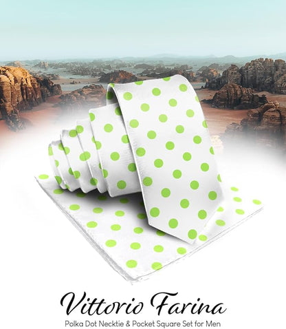 Vittorio Farina Men's Polka Dot Satin Necktie & Pocket Square - Suits You Sir - White and Lime Green - 