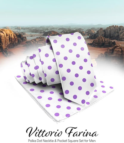 Vittorio Farina Men's Polka Dot Satin Necktie & Pocket Square - Suits You Sir - White and Purple - 