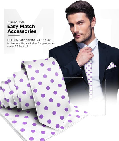 Vittorio Farina Men's Polka Dot Satin Necktie & Pocket Square - Suits You Sir - White and Purple - 