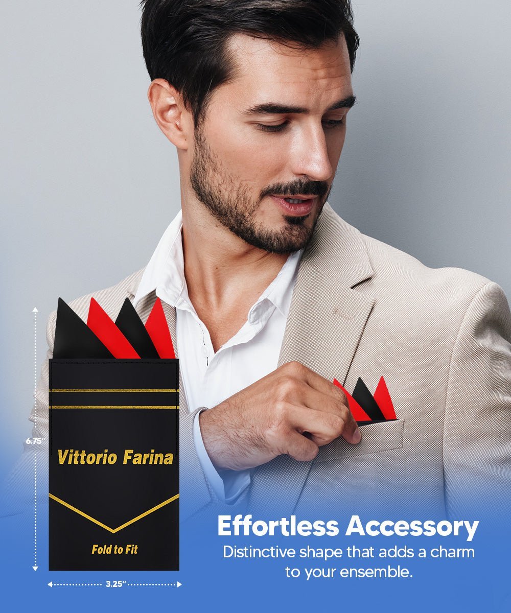 Vittorio Farina Men's Pre - Folded Pocket Square: Four - Point - Suits You Sir - Black and Red - 