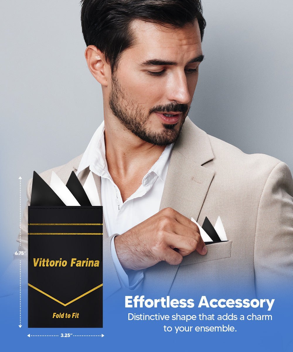 Vittorio Farina Men's Pre - Folded Pocket Square: Four - Point - Suits You Sir - Black and White - 