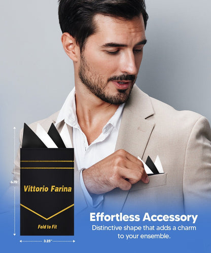 Vittorio Farina Men's Pre - Folded Pocket Square: Four - Point - Suits You Sir - Black and White - 