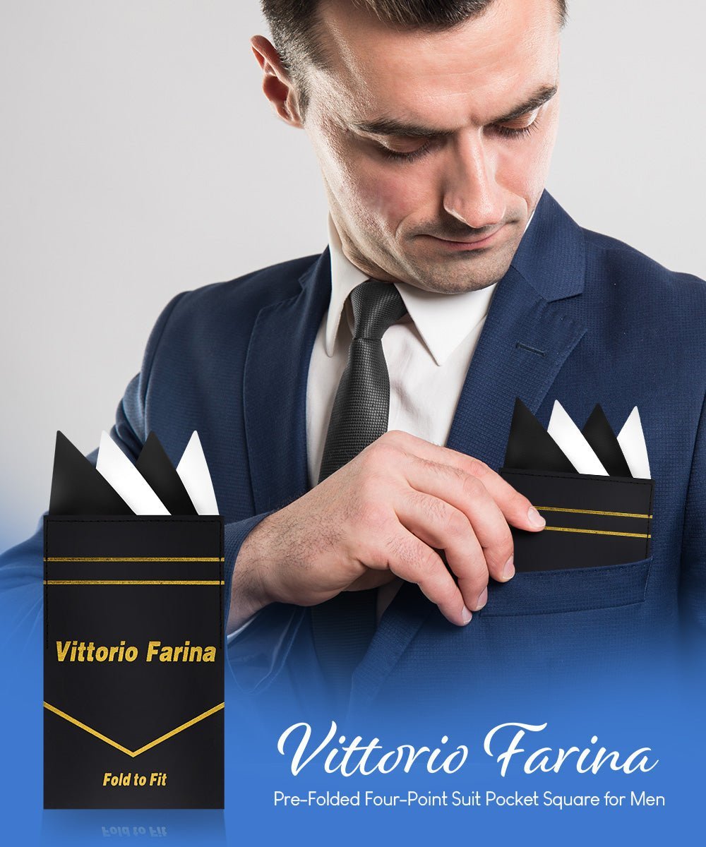 Vittorio Farina Men's Pre - Folded Pocket Square: Four - Point - Suits You Sir - Black and White - 