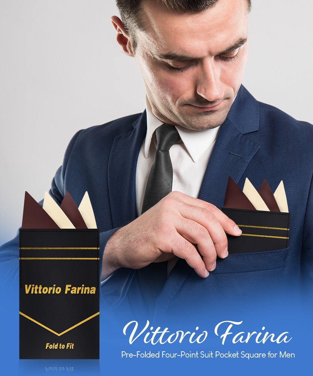 Vittorio Farina Men's Pre - Folded Pocket Square: Four - Point - Suits You Sir - Brown and Ivory - 