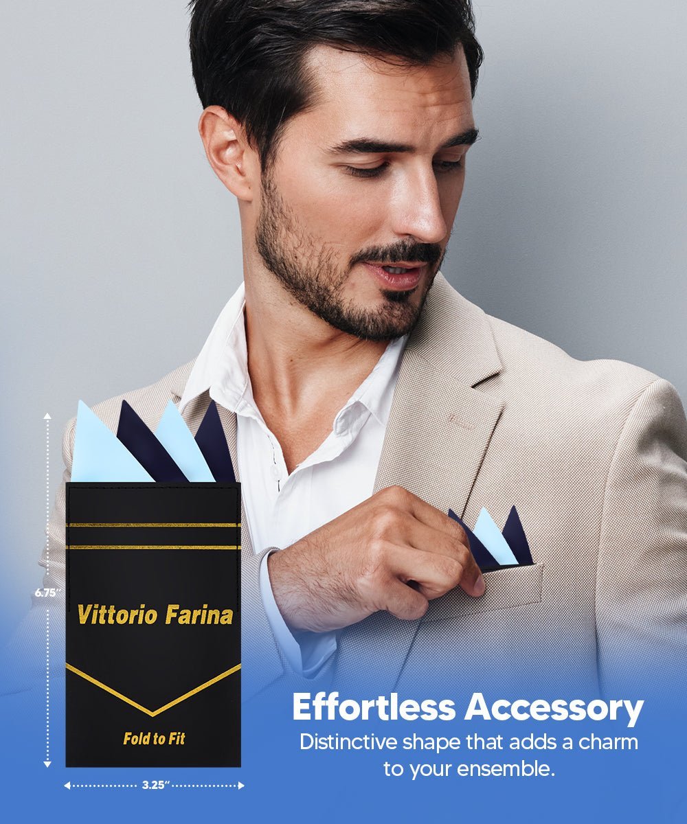 Vittorio Farina Men's Pre - Folded Pocket Square: Four - Point - Suits You Sir - Sky Blue and Navy Blue - 