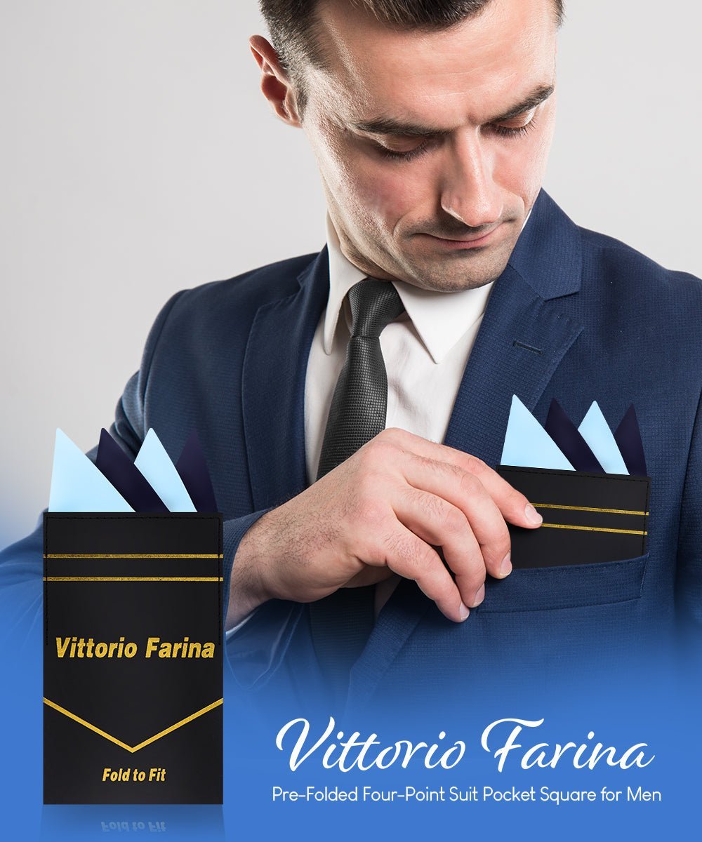 Vittorio Farina Men's Pre - Folded Pocket Square: Four - Point - Suits You Sir - Sky Blue and Navy Blue - 