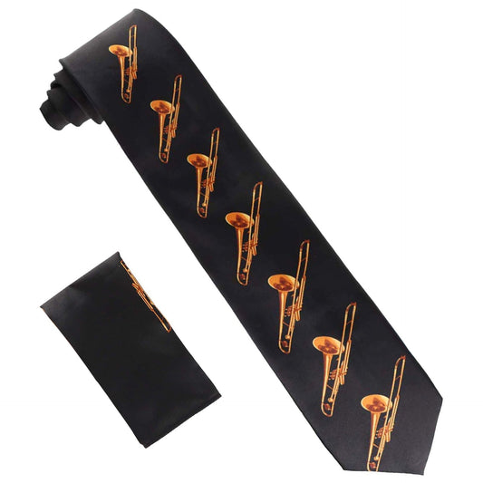 Vittorio Farina Men's Red and Gold Trombone Musical Necktie and Pocket Square - Suits You Sir - Black and Gold - 