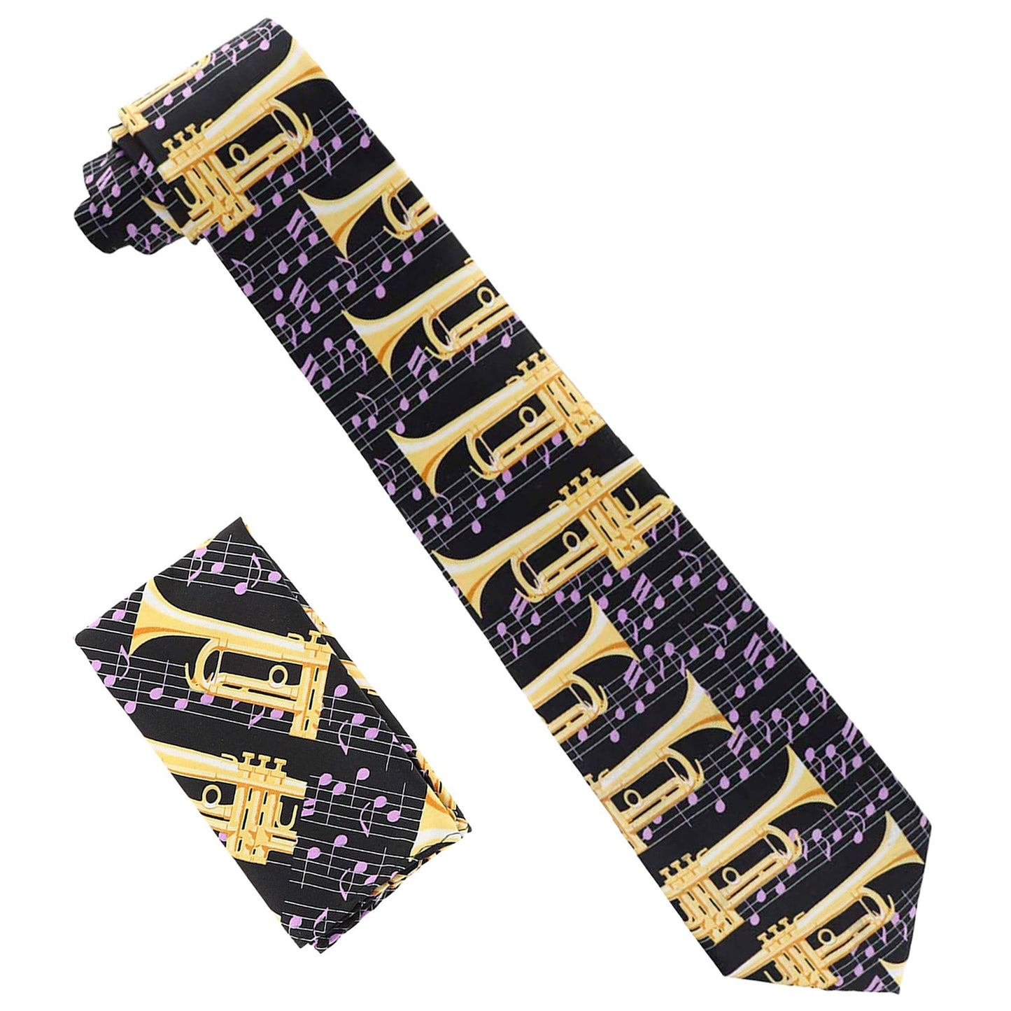 Vittorio Farina Men's Red and Gold Trombone Musical Necktie and Pocket Square - Suits You Sir - Black and Lavender - 