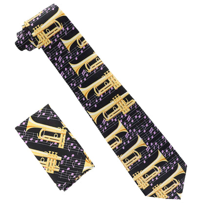 Vittorio Farina Men's Red and Gold Trombone Musical Necktie and Pocket Square - Suits You Sir - Black and Lavender - 