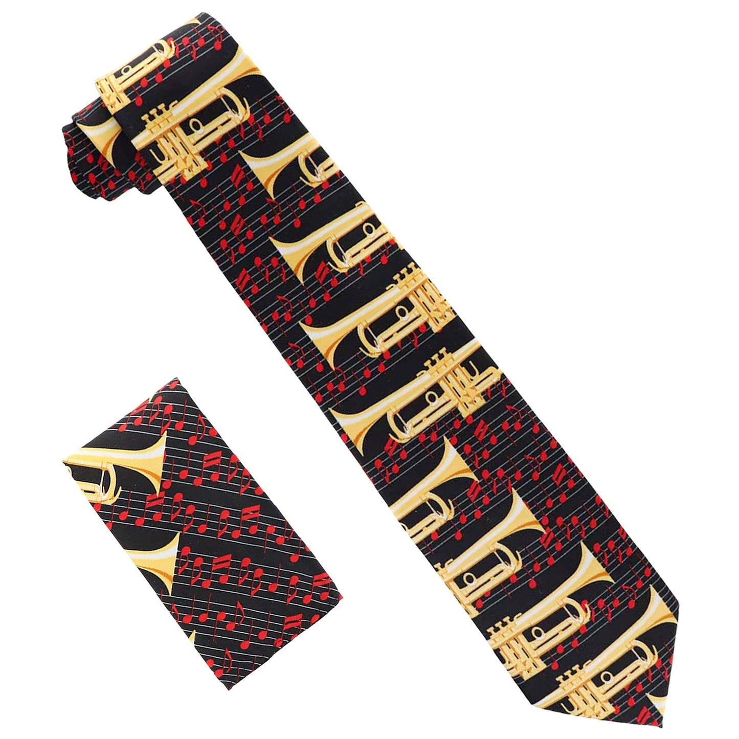 Vittorio Farina Men's Red and Gold Trombone Musical Necktie and Pocket Square - Suits You Sir - Black and Red - 