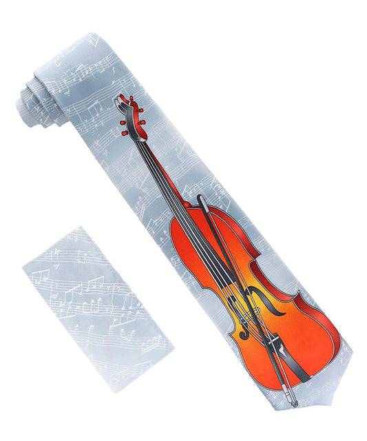 Vittorio Farina Men's Red and Gold Trombone Musical Necktie and Pocket Square - Suits You Sir - Gray - 
