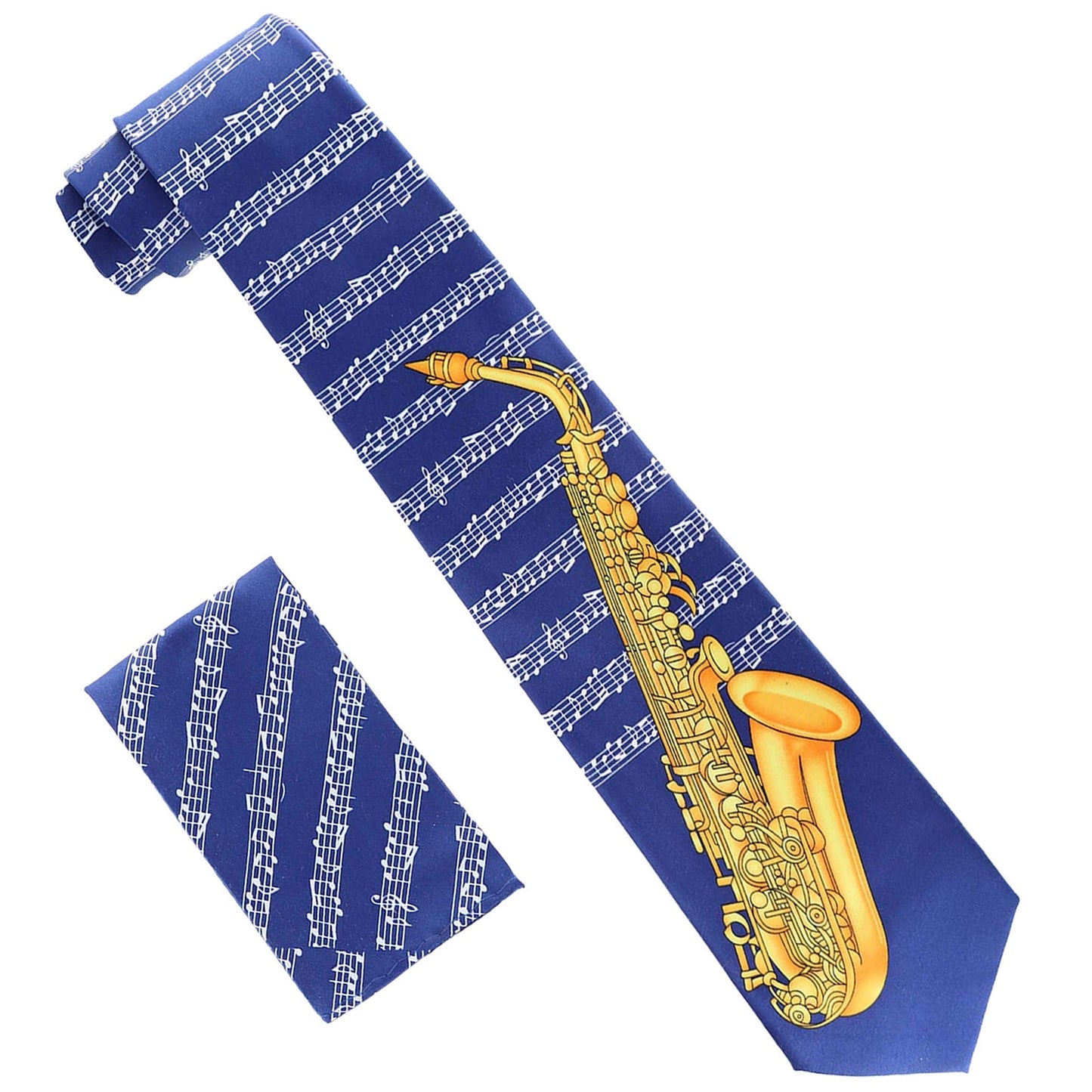 Vittorio Farina Men's Red and Gold Trombone Musical Necktie and Pocket Square - Suits You Sir - Navy Blue - 
