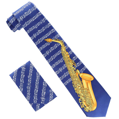 Vittorio Farina Men's Red and Gold Trombone Musical Necktie and Pocket Square - Suits You Sir - Navy Blue - 