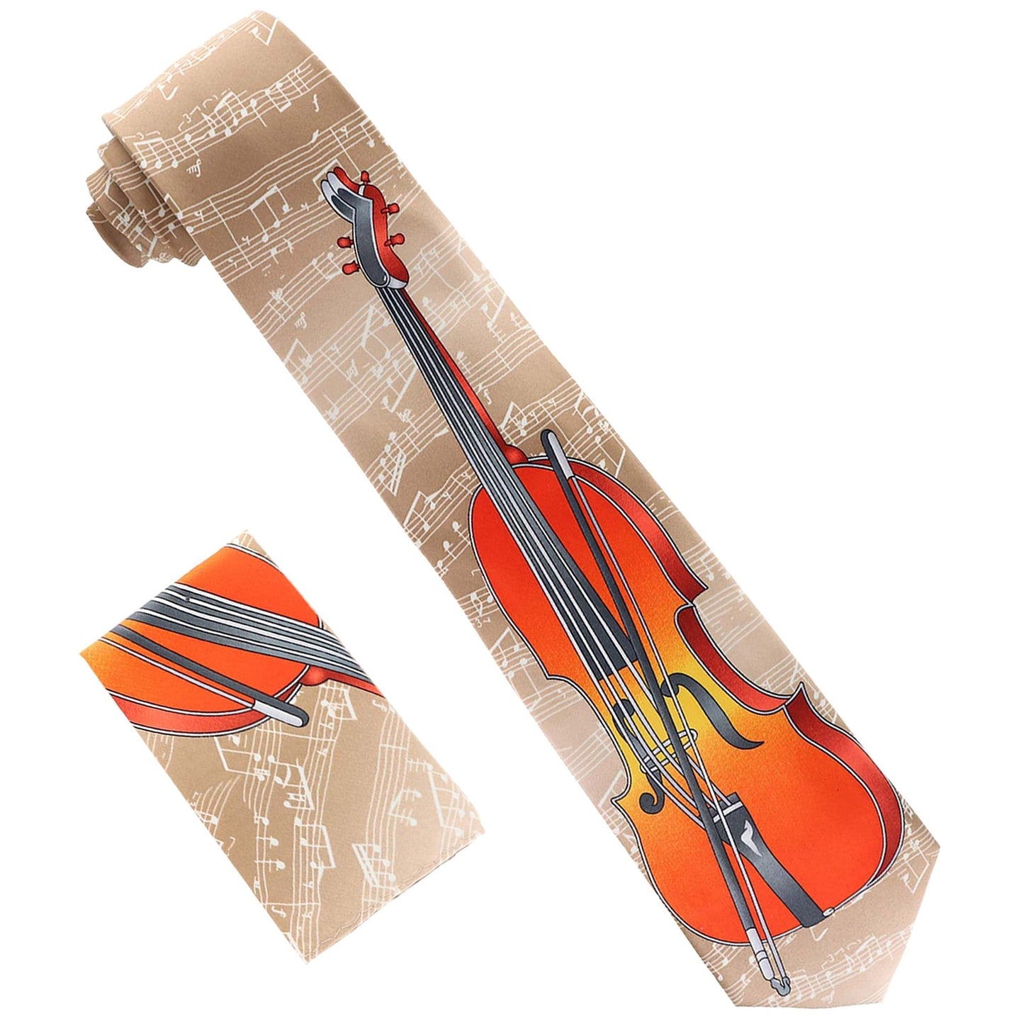 Vittorio Farina Men's Red and Gold Trombone Musical Necktie and Pocket Square - Suits You Sir - Tan - 