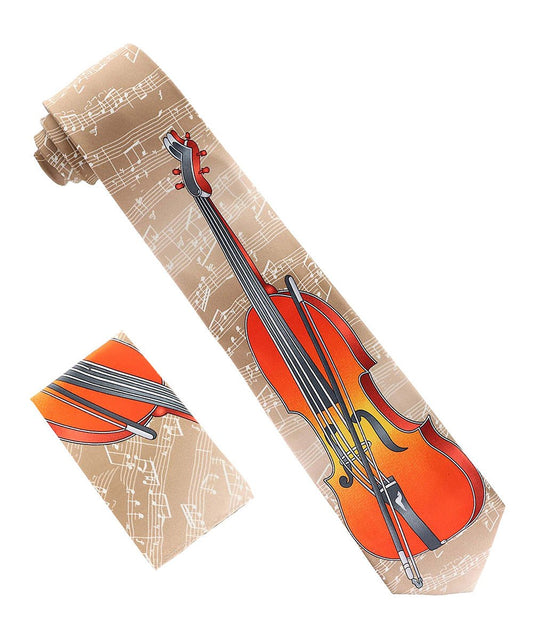Vittorio Farina Men's Red and Gold Trombone Musical Necktie and Pocket Square - Suits You Sir - Tan - 