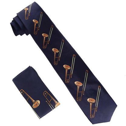 Vittorio Farina Men's Red and Gold Trombone Musical Necktie and Pocket Square - Suits You Sir - Trombone: Navy - 