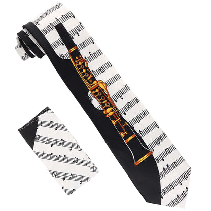 Vittorio Farina Men's Red and Gold Trombone Musical Necktie and Pocket Square - Suits You Sir - White and Black - 