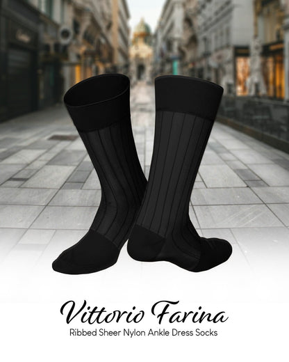 Vittorio Farina Men's Ribbed Shear Nylon Anklet Dress Socks - Suits You Sir - Black - 3