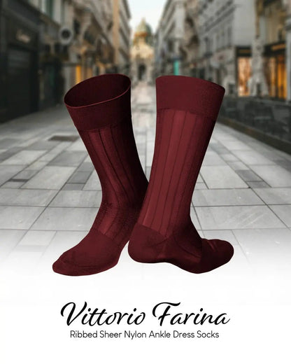 Vittorio Farina Men's Ribbed Shear Nylon Anklet Dress Socks - Suits You Sir - Burgundy - 12