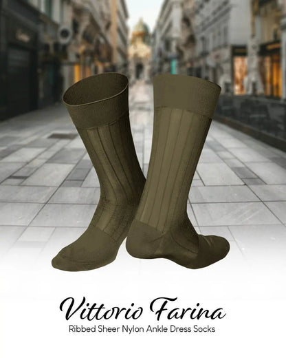 Vittorio Farina Men's Ribbed Shear Nylon Anklet Dress Socks - Suits You Sir - Olive Green - 12