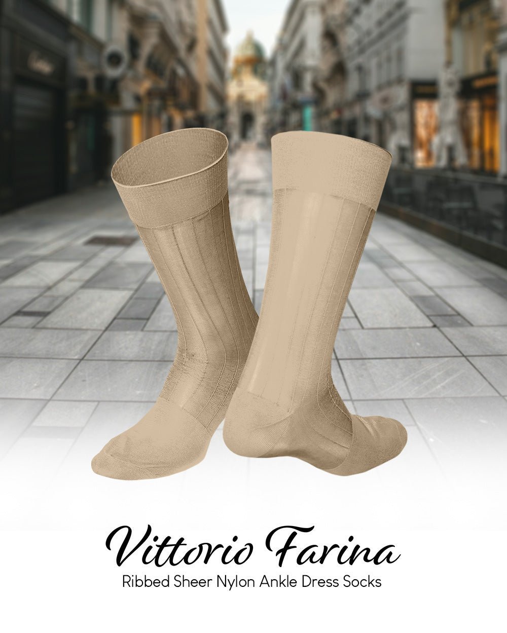Vittorio Farina Men's Ribbed Shear Nylon Anklet Dress Socks - Suits You Sir - Taupe - 3
