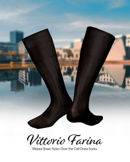 Vittorio Farina Men's Ribbed Shear Nylon Over The Calf Dress Socks - Suits You Sir - Brown - 12