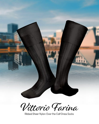 Vittorio Farina Men's Ribbed Shear Nylon Over The Calf Dress Socks - Suits You Sir - Charcoal - 12